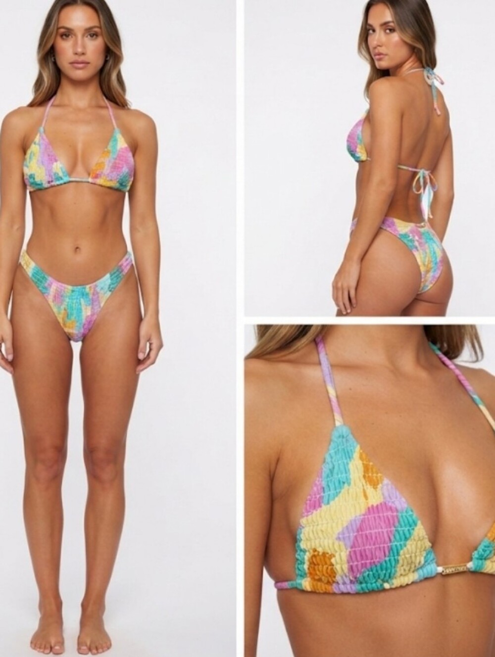 White Fox Swim Multicolor Shirred Triangle Bikini Set Medium